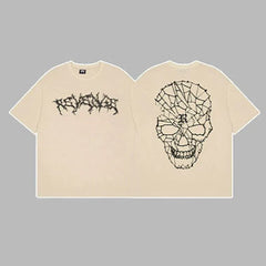 Revenge Arch Logo & Geometric Shattered Skull Graphic Short Sleeve T-Shirt Beige
